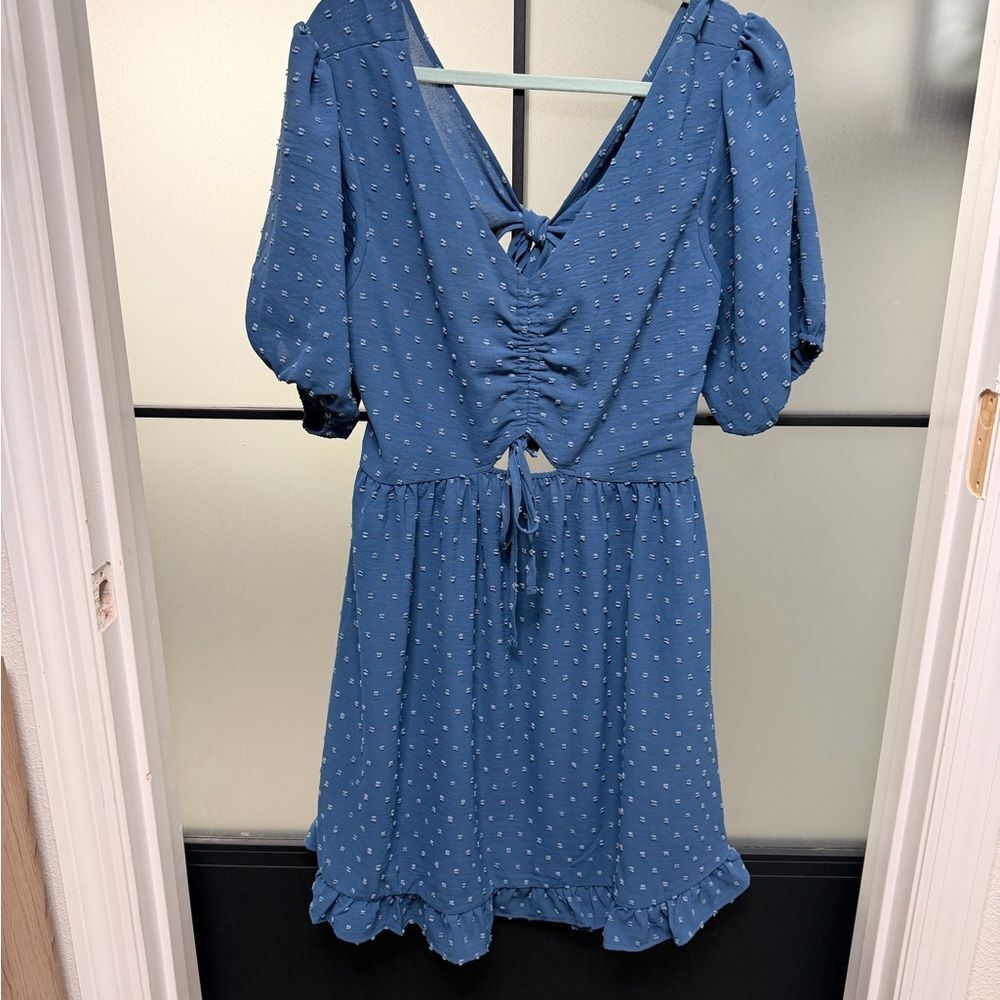 Dusty Blue Swiss Dot Mini Dress XL Puff Sleeve Smocked Open Tie Back - Picture 2 of 7